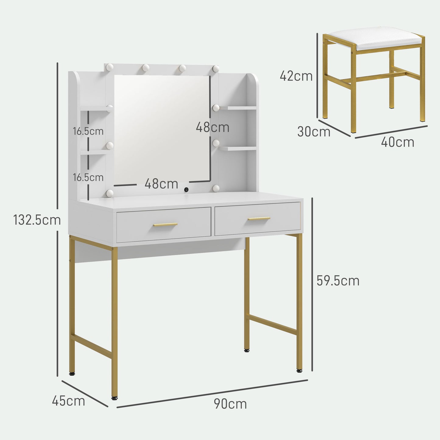 HOMCOM Dressing Table Set, with Storage and Stool - White