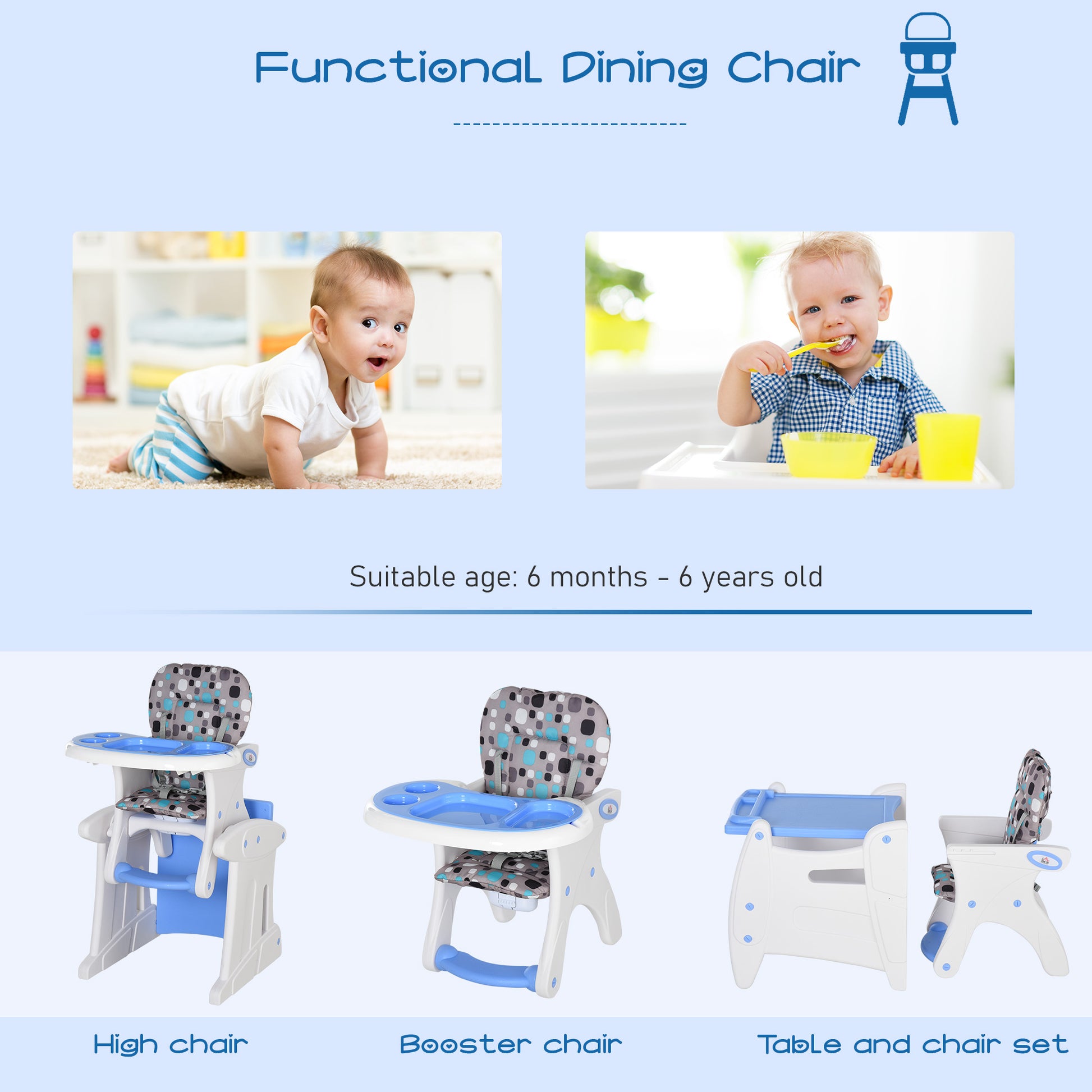 HOMCOM 2 in 1 Convertible Baby High Chair Toddler Table Chair Infant Feeding Seat Removable Food Tray Safety Harness Blue--ChewyGames-ChewyGames