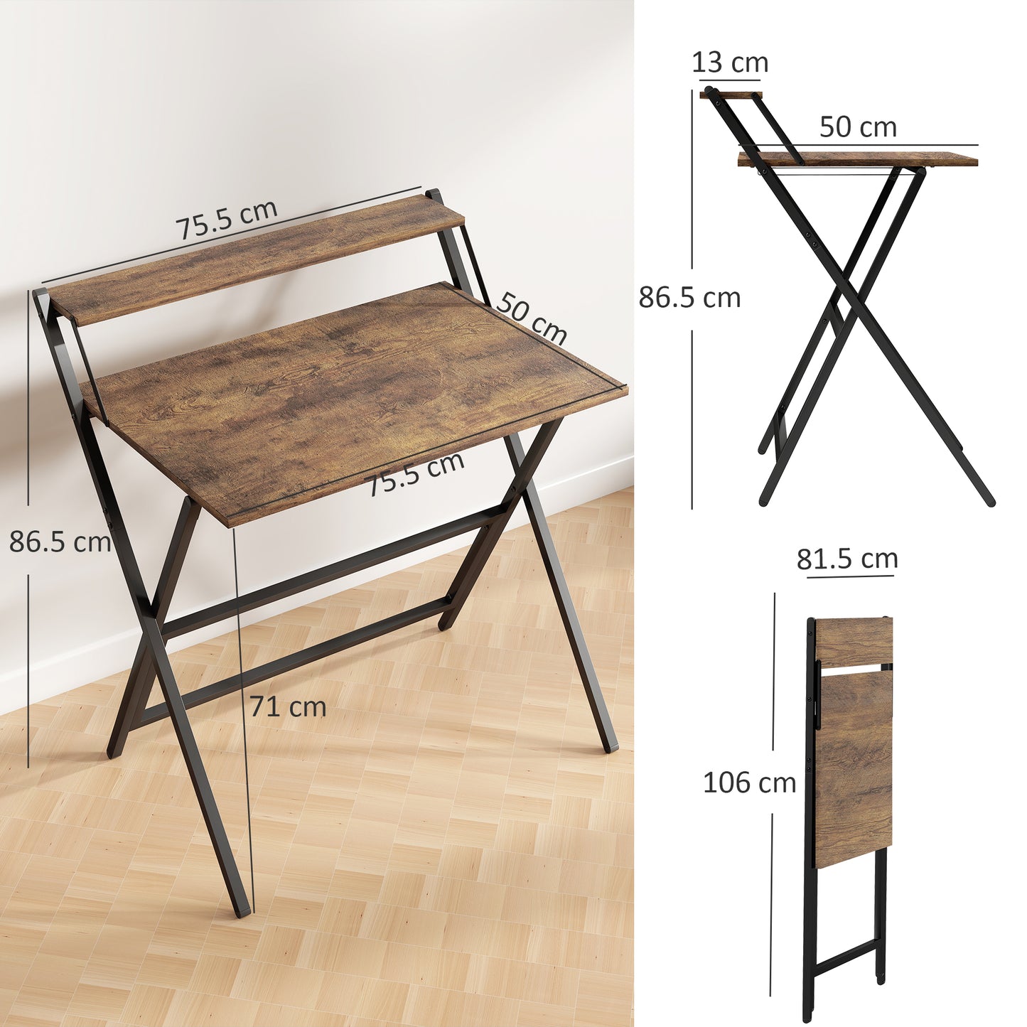 HOMCOM 81.5 cm Folding Computer Desk with Monitor Shelf - Rustic Brown