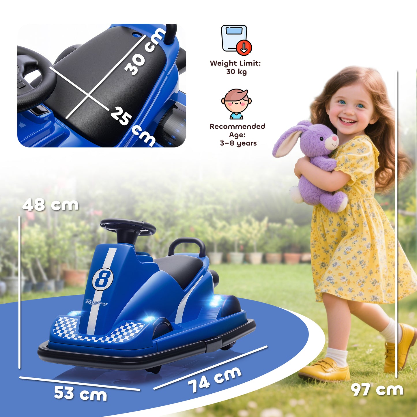 AIYAPLAY Kids Bumper Car, 360° Rotation Spin Electric Waltzer Car with LED Lights, Music for Ages 3-8 Years Old, Blue