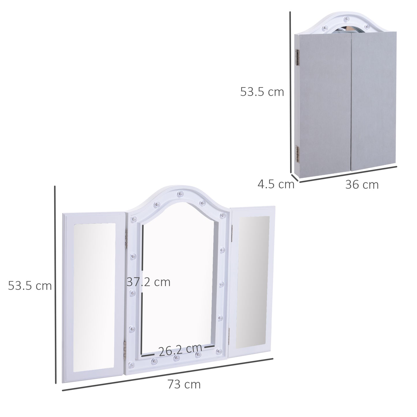 HOMCOM Trifold Tabletop Mirror, 73x53.5cm Makeup Mirror Large Cosmetic w/16 LED Lights Powered by Batteries, Foldable For Bedroom, White