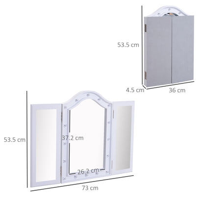 HOMCOM Trifold Tabletop Mirror, 73x53.5cm Makeup Mirror Large Cosmetic w/16 LED Lights Powered by Batteries, Foldable For Bedroom, White