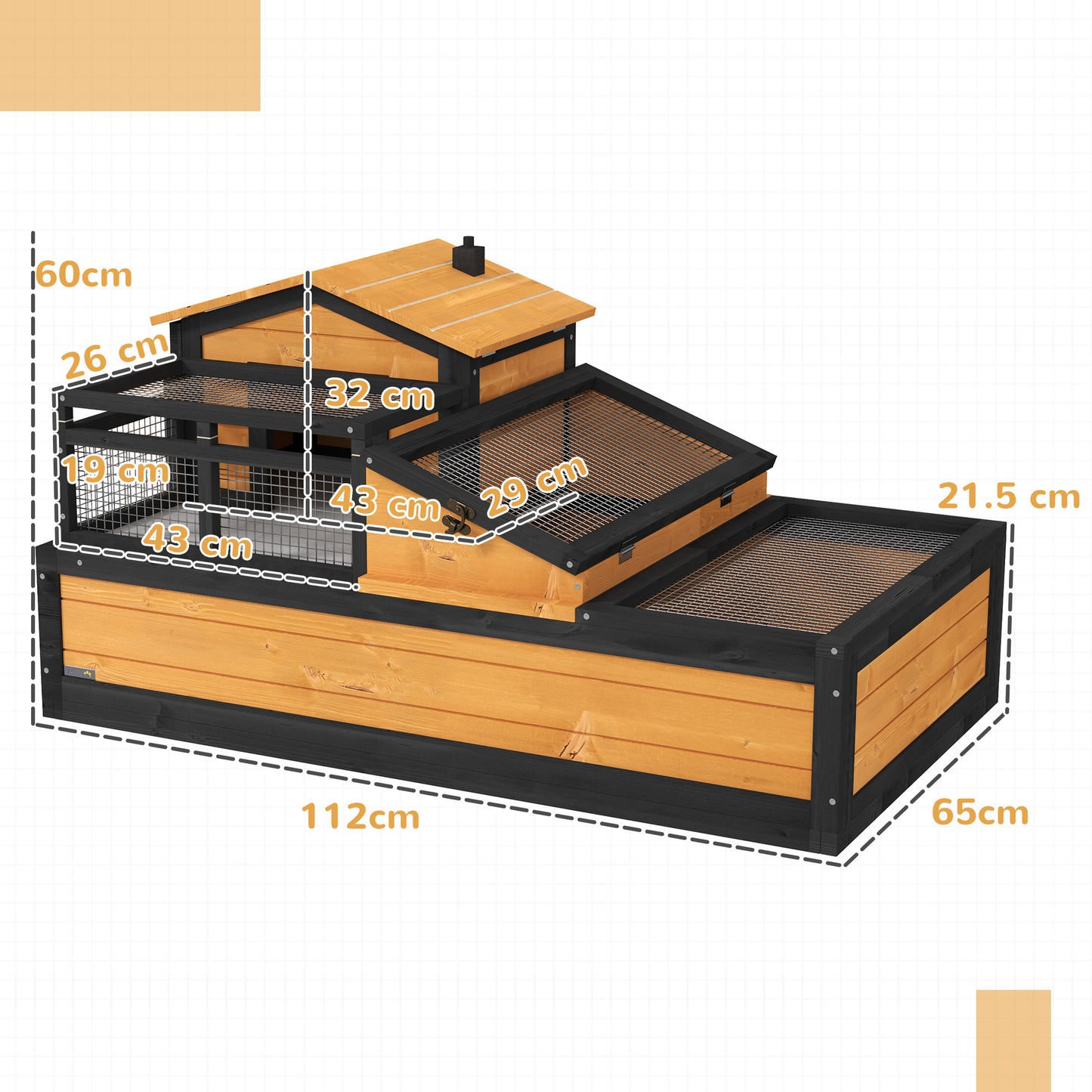 PawHut Wooden Tortoise House with Balcony, Tray, Roof, for Indoor and Outdoor, Yellow