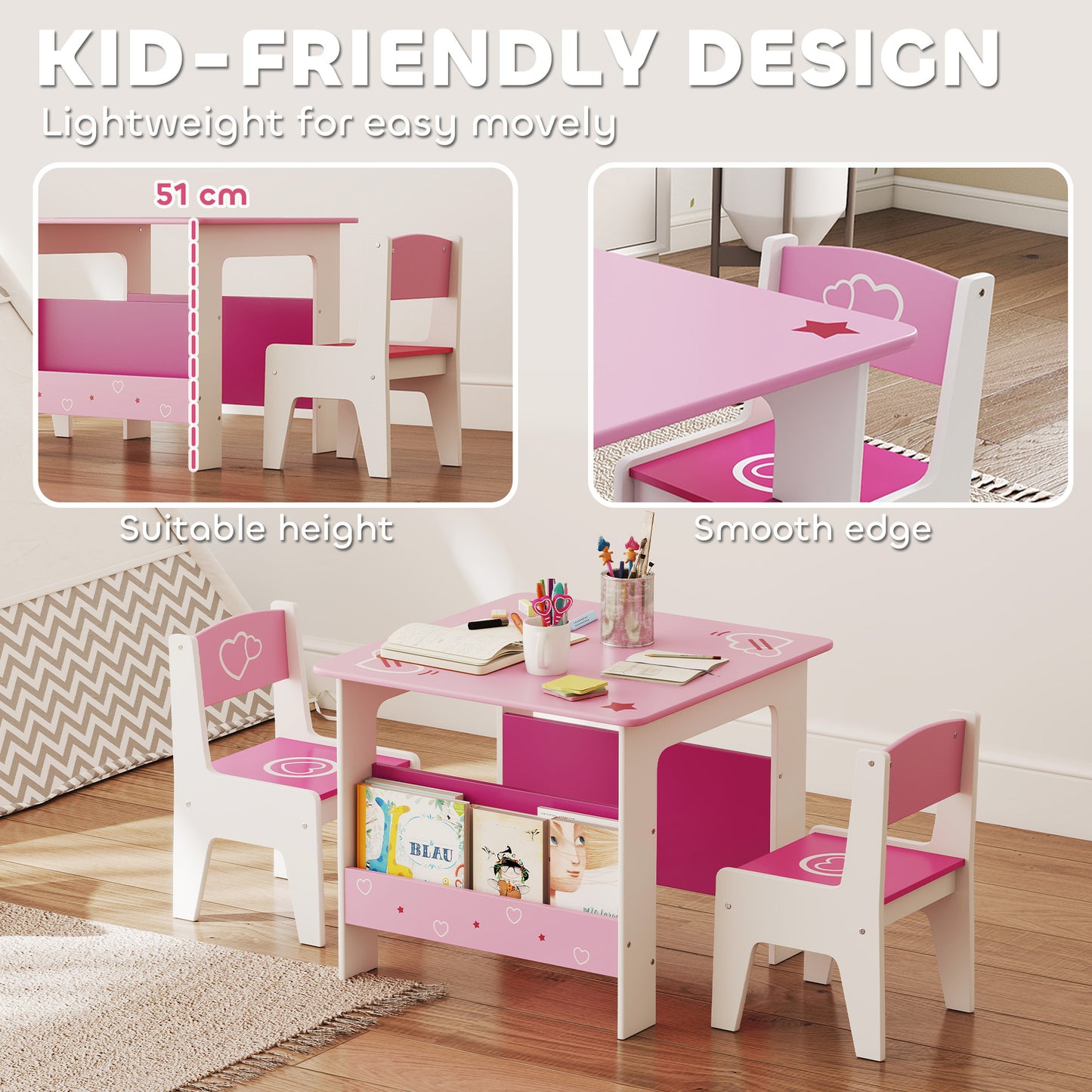 AIYAPLAY 3 Pieces Kids Table and Chair Set, Toddler Activity Table with Bookshelves, for Living Room, Nursery, Playroom, Pink