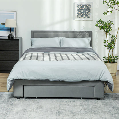 HOMCOM Double Size Ottoman Bed Frame 140W x 193.5D x 95Hcm with Front Drawer - Grey--ChewyGames-ChewyGames