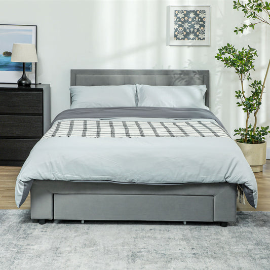 HOMCOM Double Size Ottoman Bed Frame 140W x 193.5D x 95Hcm with Front Drawer - Grey--ChewyGames-ChewyGames