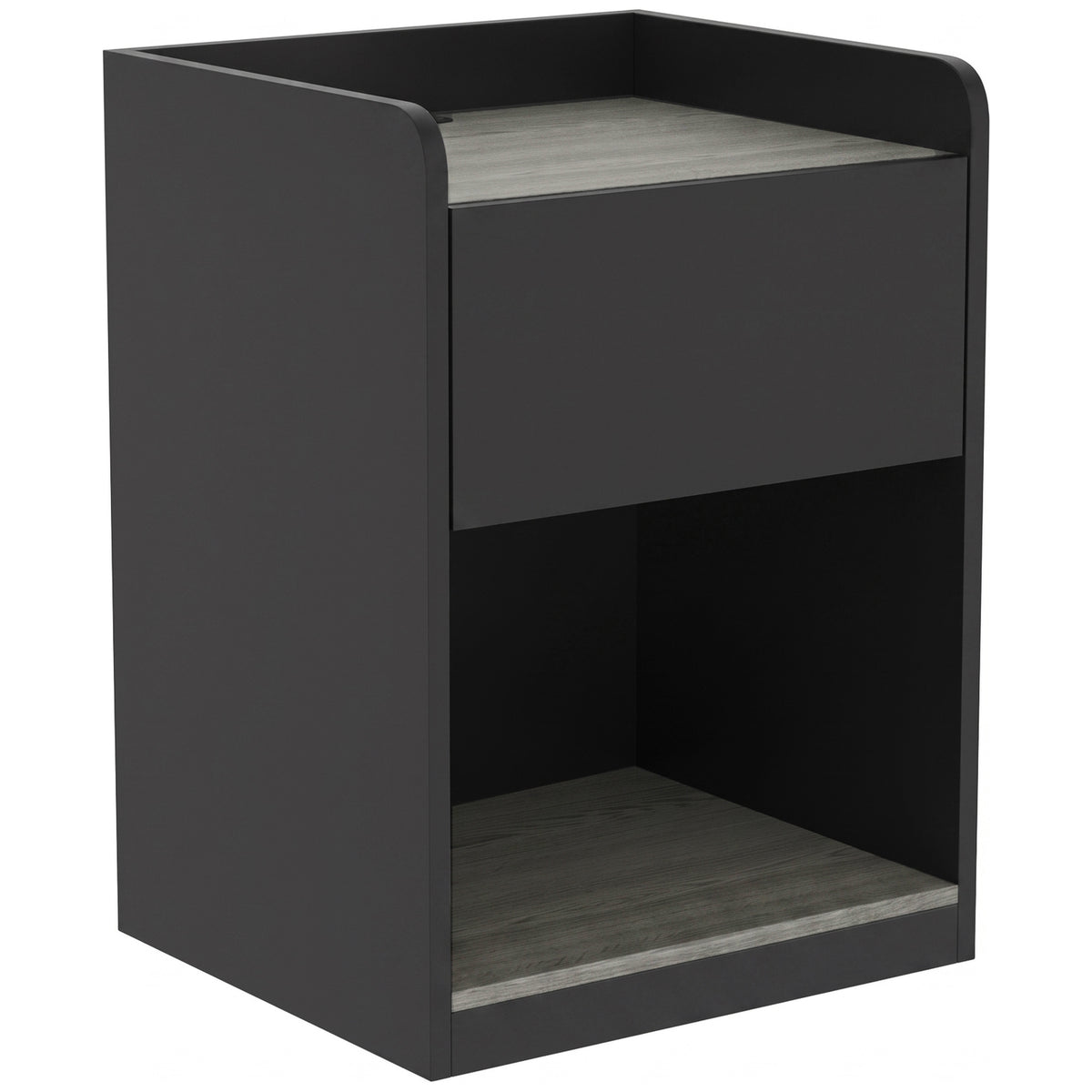 HOMCOM Modern Bedside Table, Slim Nightstand with Drawer, Shelf and Cable Holes, Black and Grey Wood Effect
