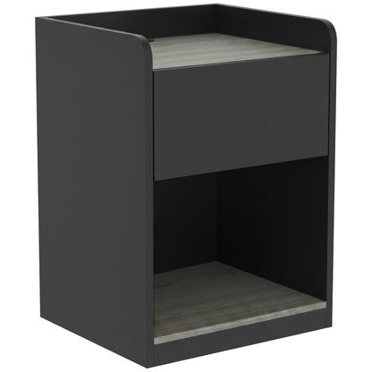 HOMCOM Modern Bedside Table, Slim Nightstand with Drawer, Shelf and Cable Holes, Black and Grey Wood Effect