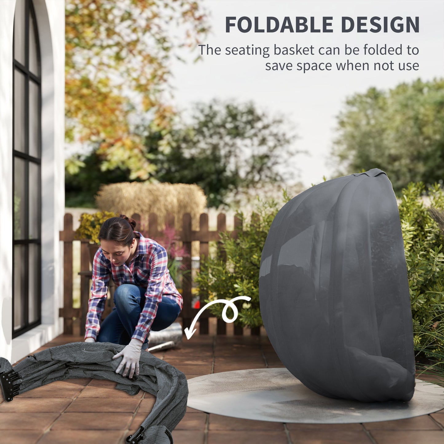 Outsunny Hanging Egg Chair, Folding Texteline Swing Hammock with Side Pocket, Cushion and Stand for Indoor Outdoor, Patio Garden Furniture, Grey