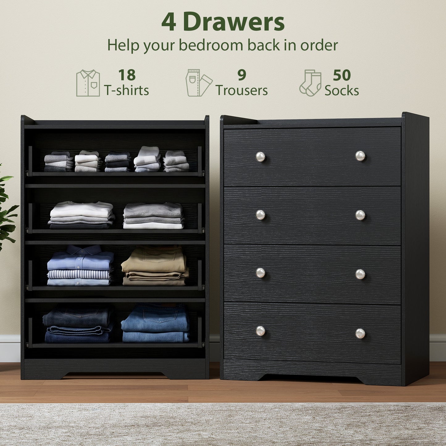 HOMCOM 4 Drawer Chest of Drawers, Modern Dresser for Bedroom, Storage Cabinet for Living Room Entryway, Black Wood Effect