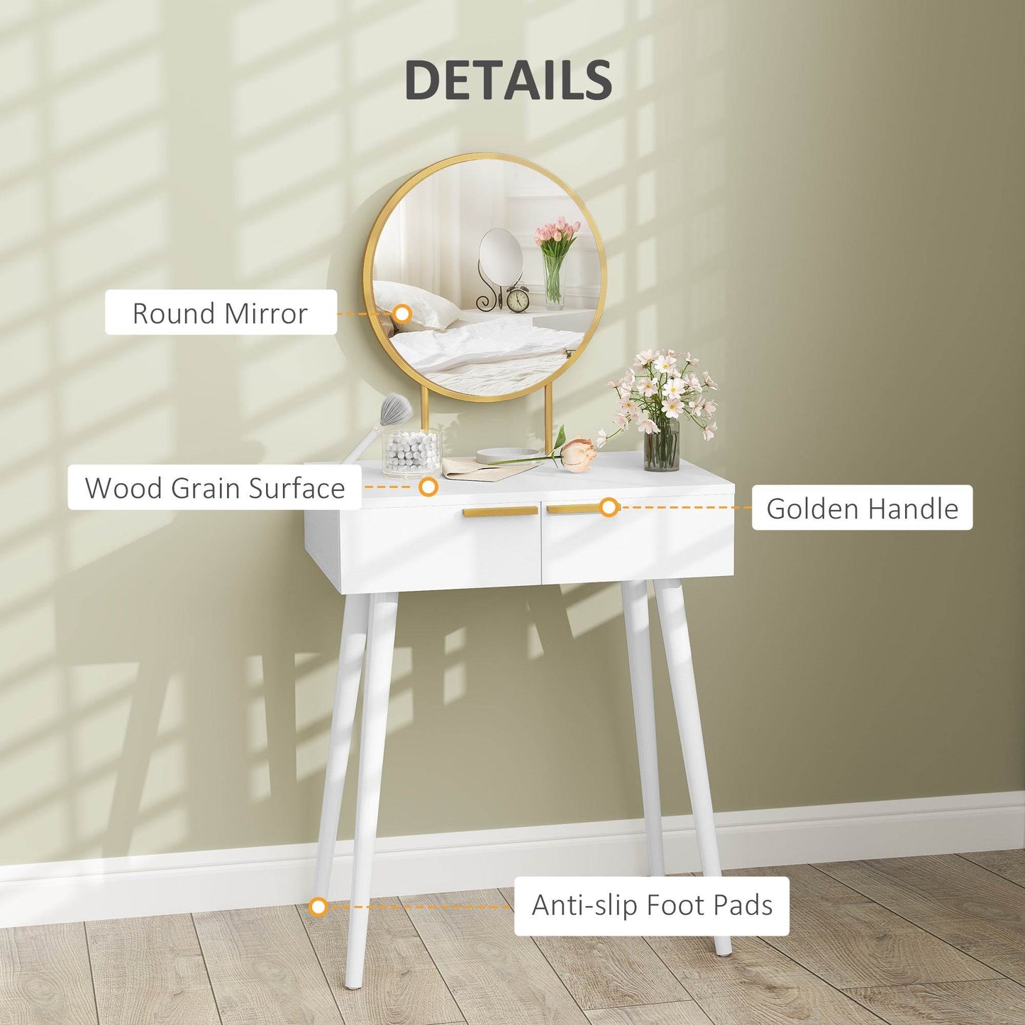HOMCOM Elegant Dressing Table, with Round Mirror, 60 x 40 x 123 cm - White