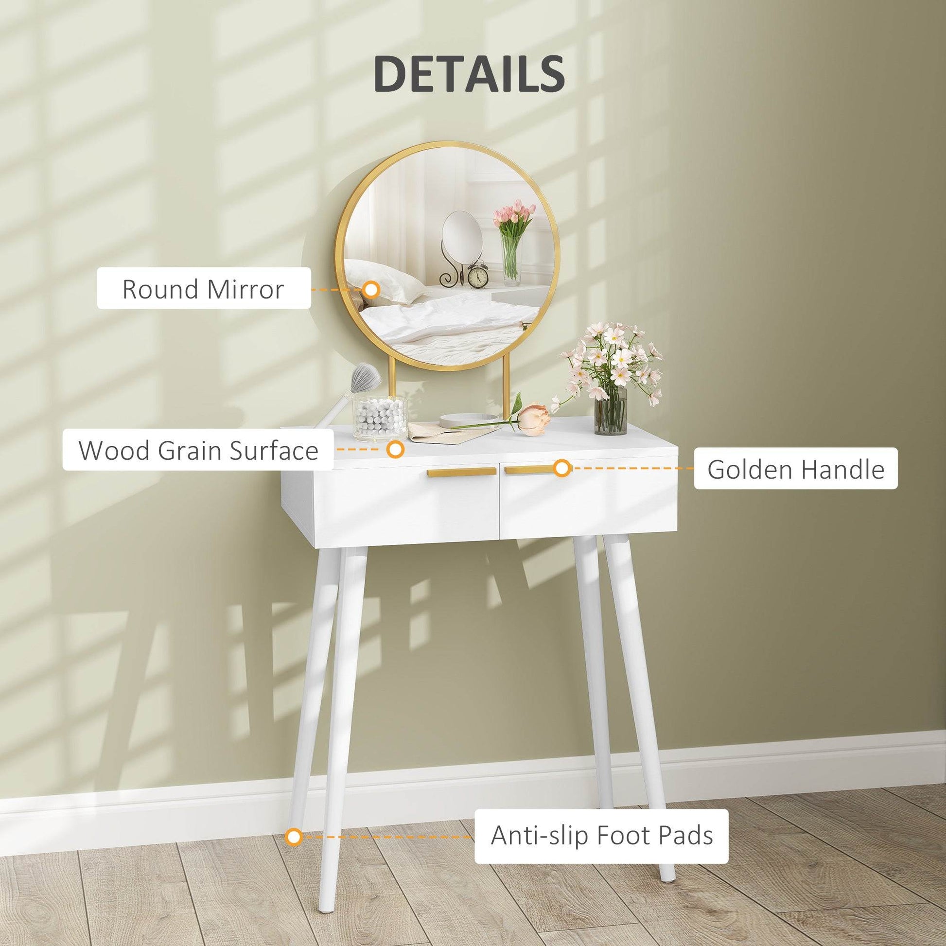 HOMCOM Elegant Dressing Table, with Round Mirror, 60 x 40 x 123 cm - White
