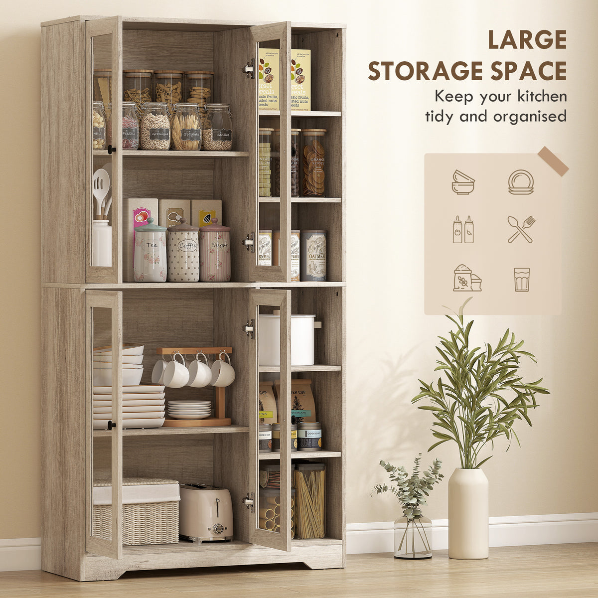 HOMCOM Multi-Storage Kitchen Cabinet, with Glass Doors - Grey Wood-Effect