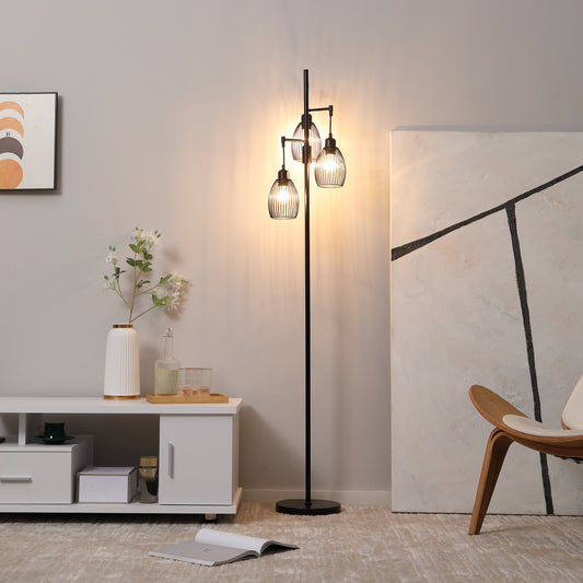 HOMCOM 3-Light Floor Lamp, 170cm Industrial Dimmable Standing Lamp with Steel Wire Cage Lampshades for Living Room, Bedroom, Dining Room, Study, Bulb Not Included, Black