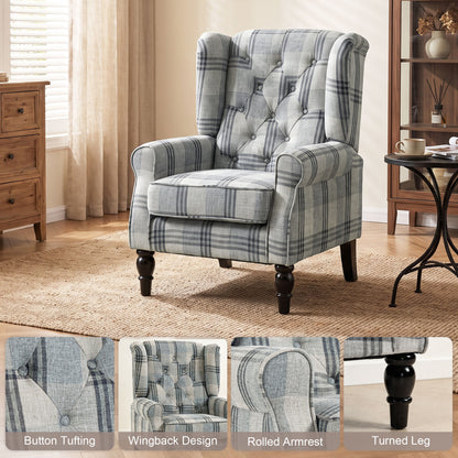 HOMCOM Faux Linen Armchair with Thick Spring Cushion, Wingback Accent Chair with High Back, Solid Wood Legs, Mixed Plaid