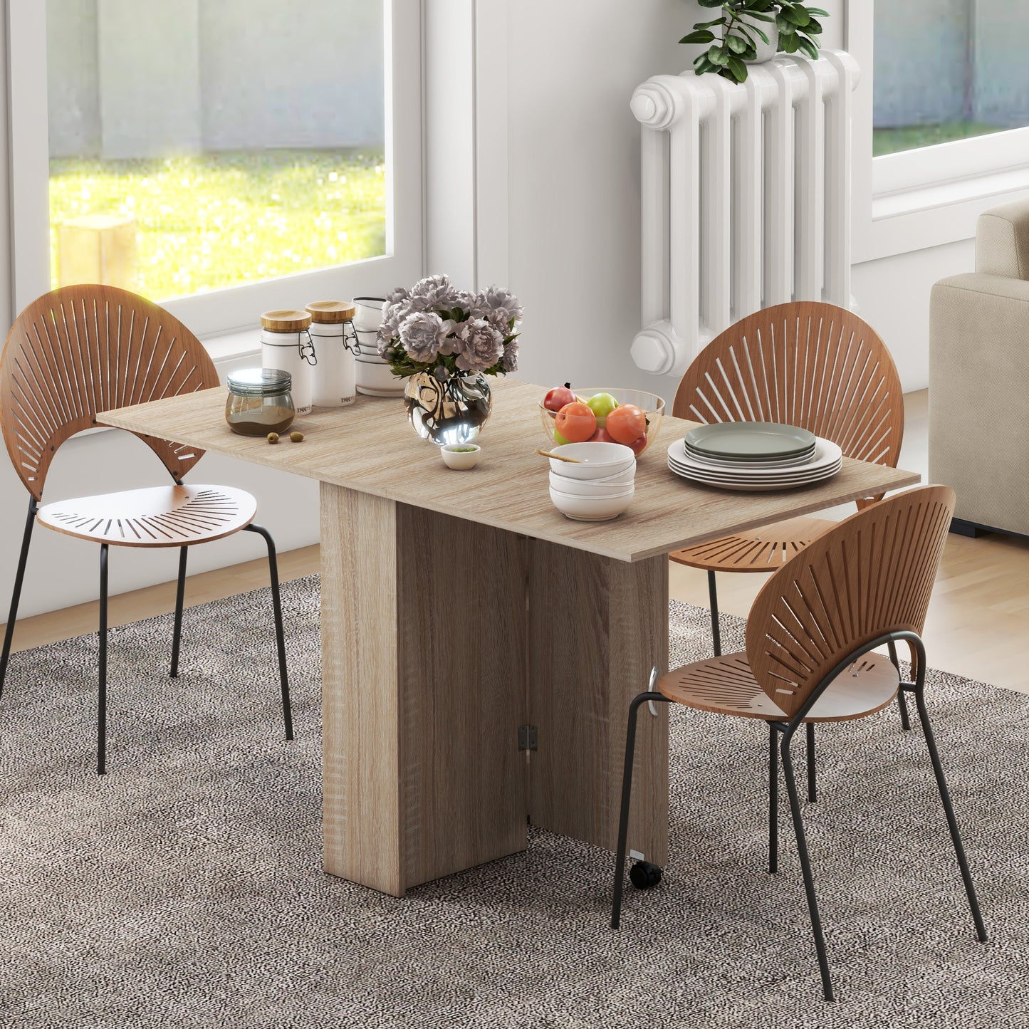 HOMCOM 80-140 cm Folding Dining Table for 4-6 People, Drop Leaf Table with 2-Tier Shelves, Rolling Casters, for Small Spaces, Kitchen, Flat, Dining Room, Natural