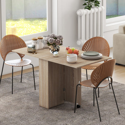 HOMCOM 80-140 cm Folding Dining Table for 4-6 People, Drop Leaf Table with 2-Tier Shelves, Rolling Casters, for Small Spaces, Kitchen, Flat, Dining Room, Natural