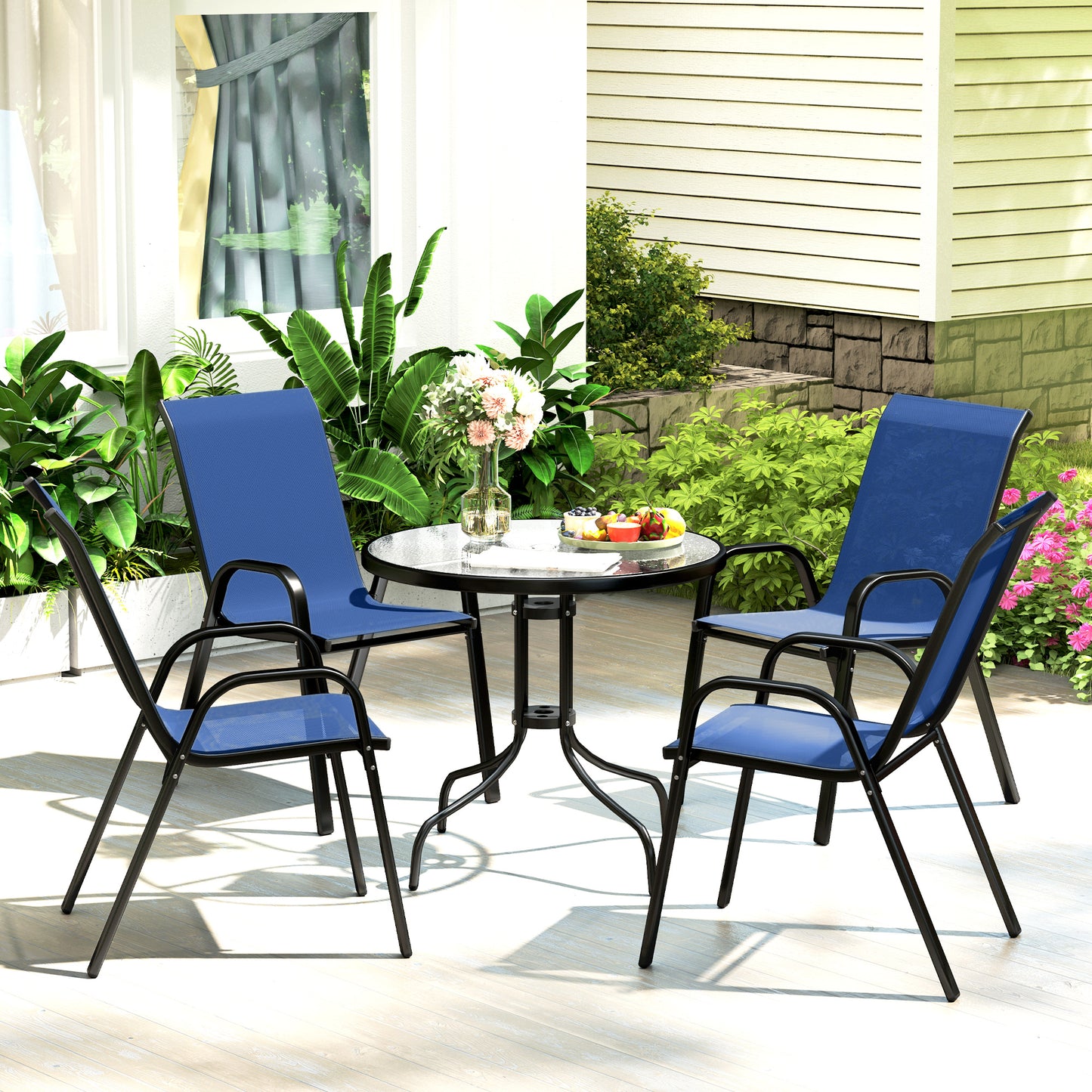 Outsunny Five-Piece Steel Patio Set, with Glass-Top Table - Dark Blue