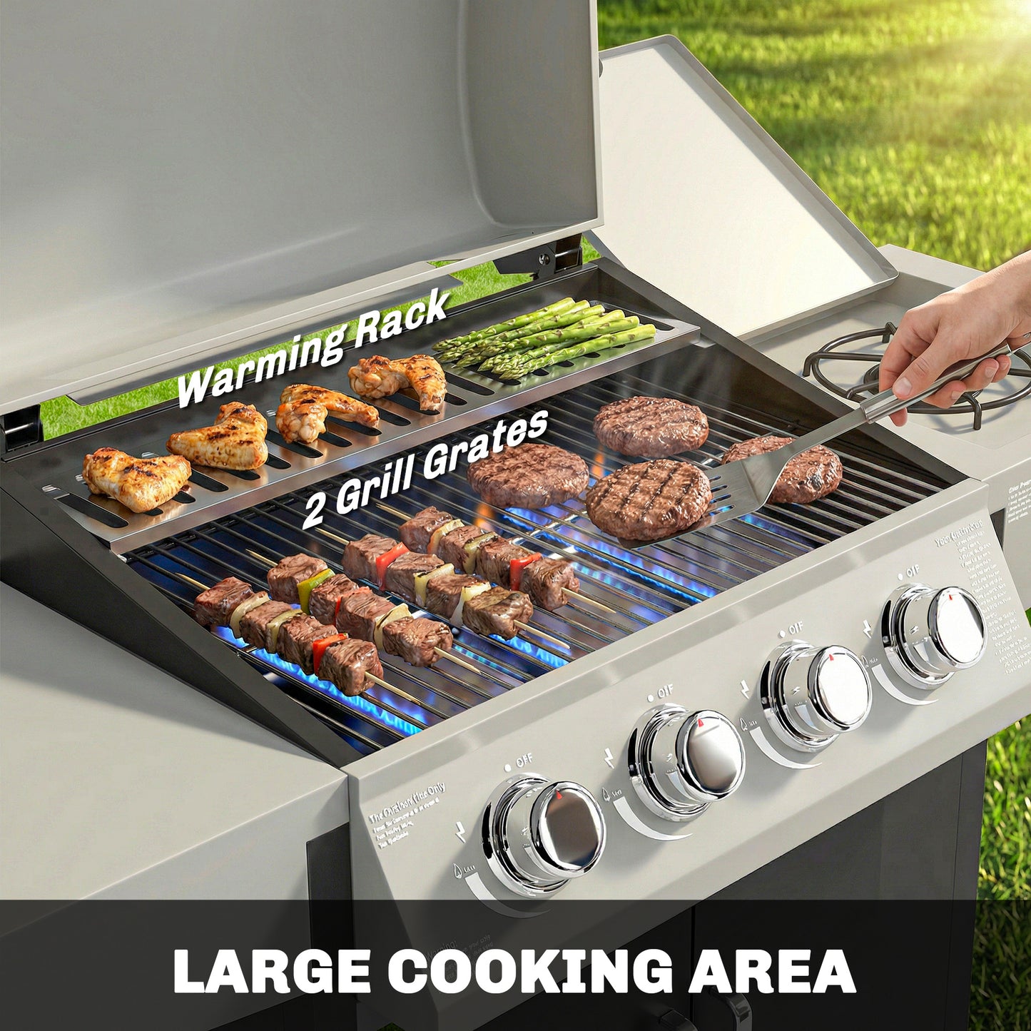 Outsunny 4+1 Burner Gas BBQ Grill with Side Burner, 14.5 kW Steel Portable Gas Barbecue Grill with Built-in Thermometer, Lid