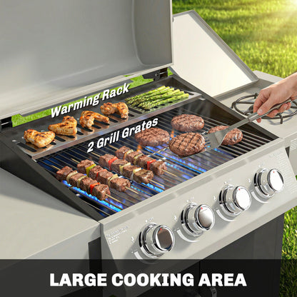 Outsunny 4+1 Burner Gas BBQ Grill with Side Burner, 14.5 kW Steel Portable Gas Barbecue Grill with Built-in Thermometer, Lid