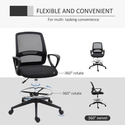 Vinsetto Drafting Chair, Ergonomic Tall Office Chair with Mesh Back, Lumbar Support, Adjustable Height and Foot Ring, Swivel Wheels, for Standing Desk, Black
