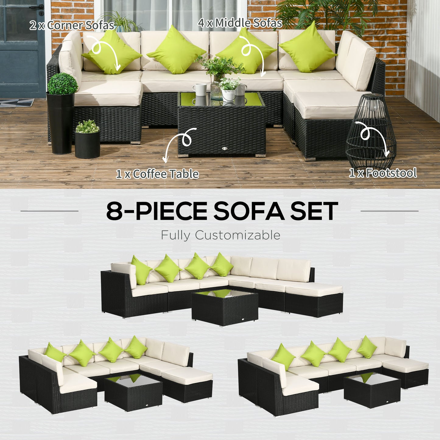 Outsunny 8 Pieces PE Rattan Corner Sofa Set, Outdoor Garden Furniture Set, Patio Wicker Sofa Seater w/ Cushion, Washable Cushion Cover & Tempered Glass Table, Khaki