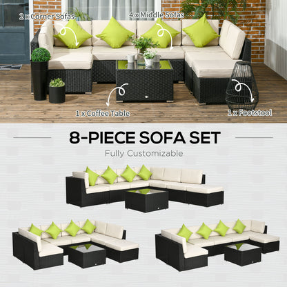 Outsunny 8 Pieces PE Rattan Corner Sofa Set, Outdoor Garden Furniture Set, Patio Wicker Sofa Seater w/ Cushion, Washable Cushion Cover & Tempered Glass Table, Khaki