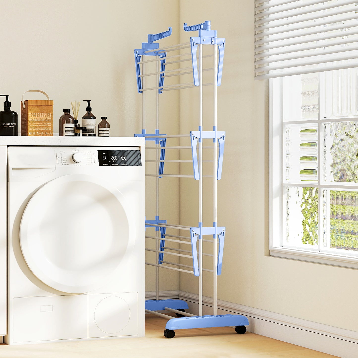 HOMCOM Foldable Clothes Drying Rack, 4-Tier Steel Garment Laundry Rack with Castors for Indoor and Outdoor Use, Blue