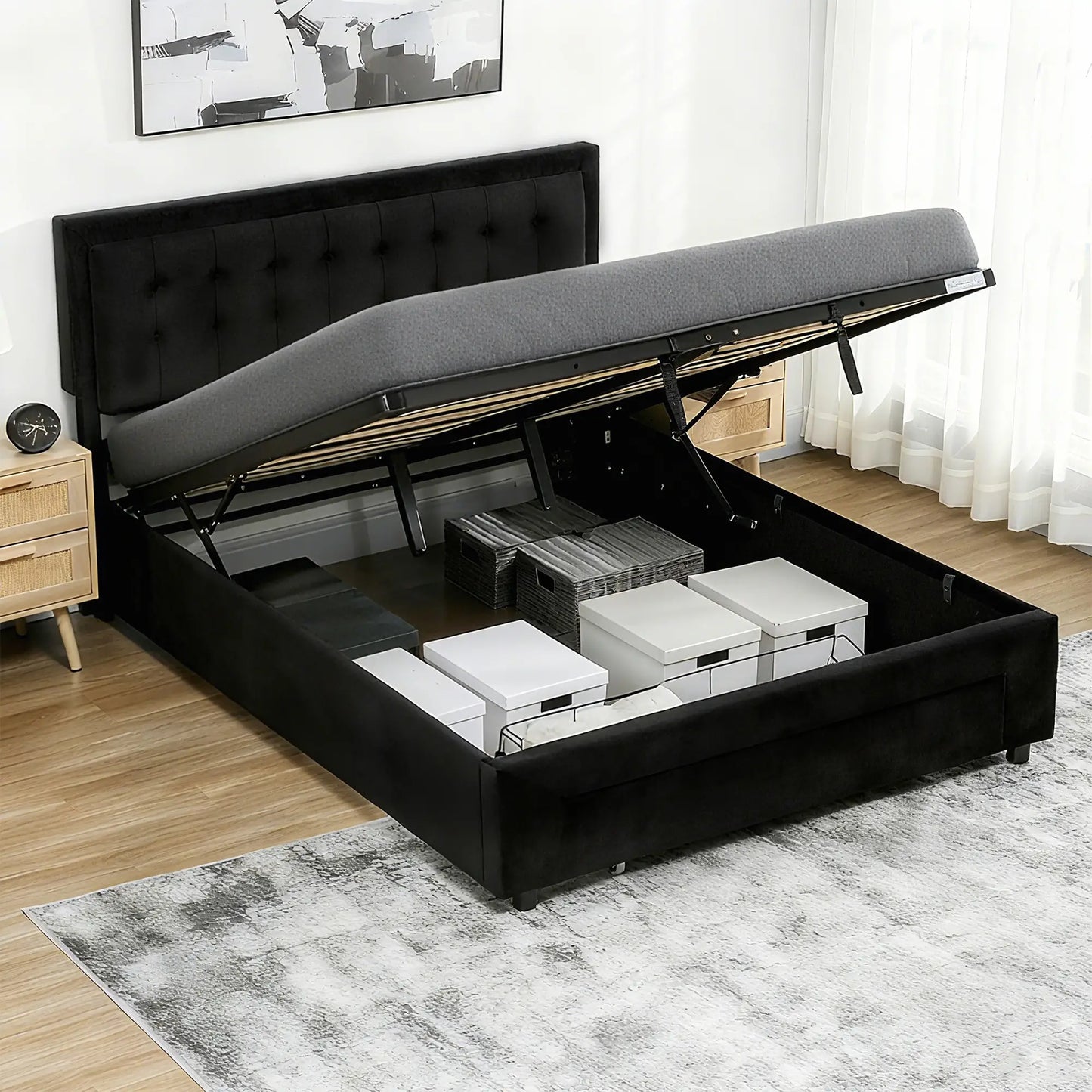HOMCOM King Size Ottoman Bed Frame, with Front Drawer Black