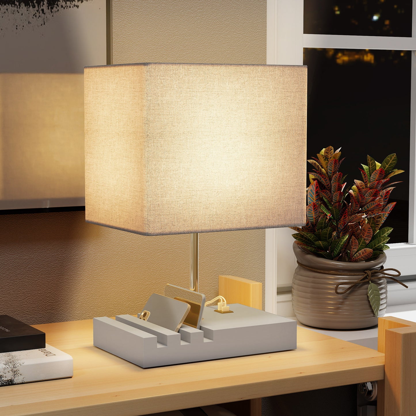 HOMCOM Bedside Lamp with USB A+C Charging Ports and 3 Phone Stands, Modern Table Lamp with Solid Wood Base and Fabric Shade for Bedroom Living Room Office, E27 Socket, Bulb Not Included, Grey--ChewyGames-ChewyGames