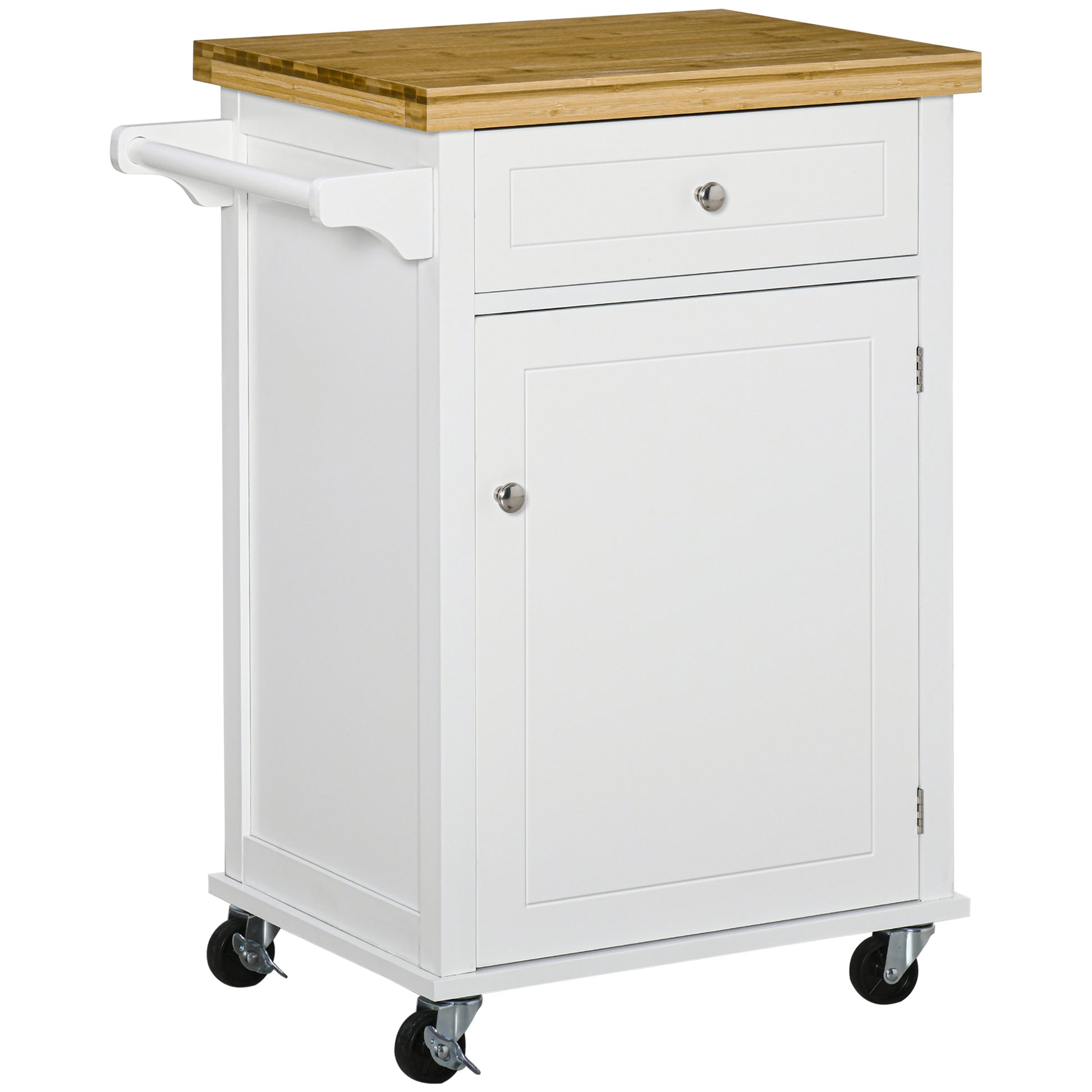 HOMCOM Kitchen Cart Storage Trolley Wooden Cabinet with Drawer Cupboard Towel Rail White--ChewyGames-ChewyGames
