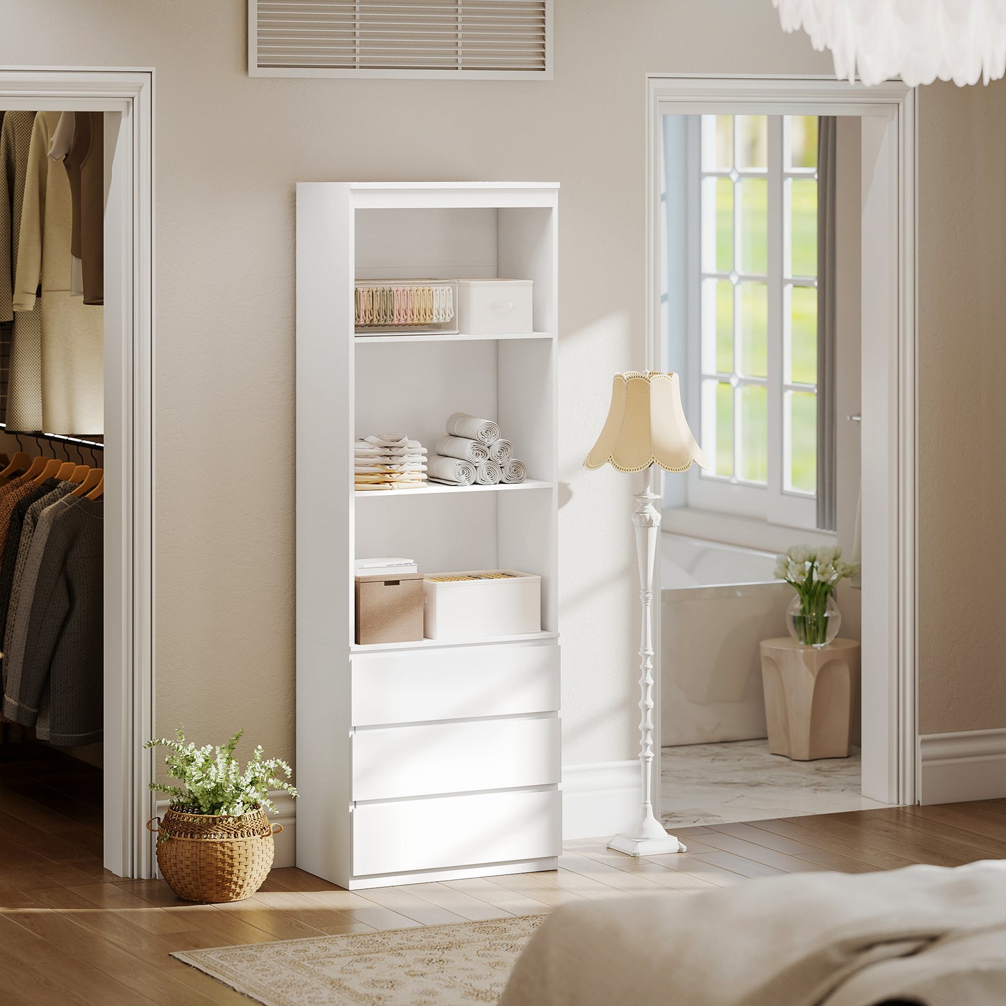 HOMCOM 180cm Tall Bookcase, with Shelves and Drawers - White