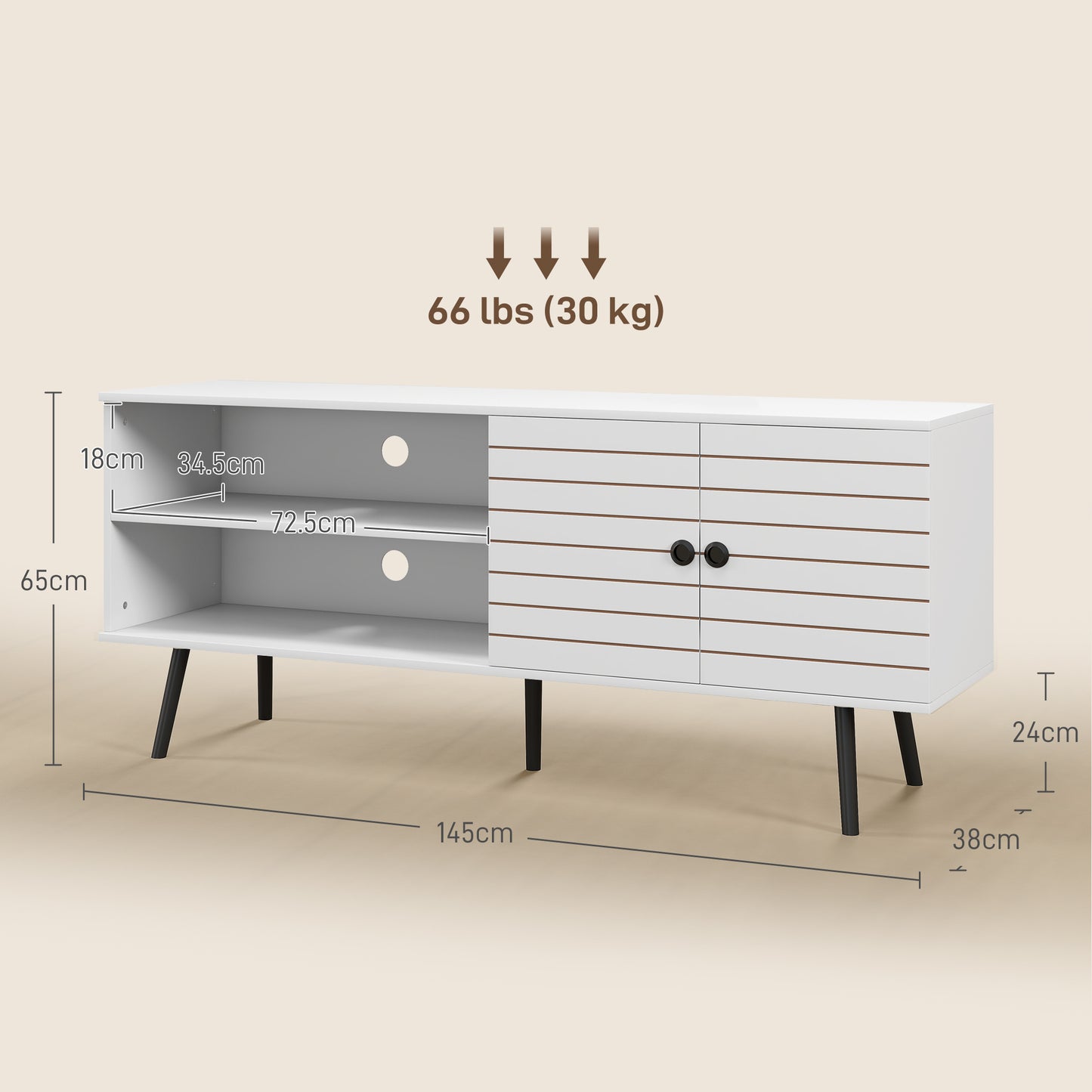 HOMCOM TV Stand with Cupboard, Open Shelves, Striped Doors, Wooden legs, White