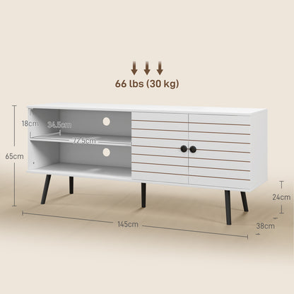 HOMCOM TV Stand with Cupboard, Open Shelves, Striped Doors, Wooden legs, White