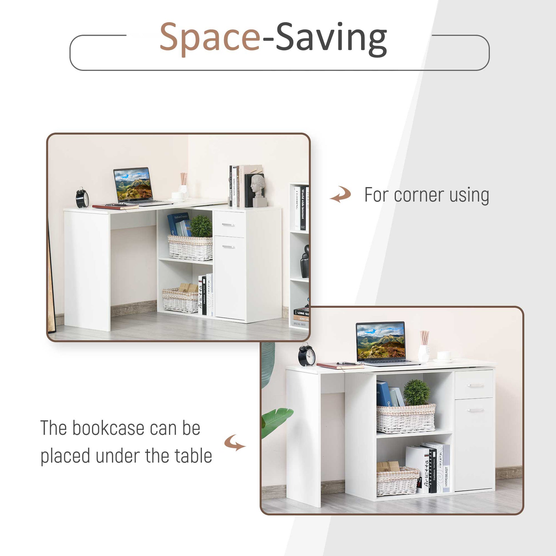 HOMCOM L-Shaped Desk, Corner Computer Desk, Adjustable Study Table with Storage Shelf, Drawer and Cabinet, Workstation for Home Office, White Wood Grain--ChewyGames-ChewyGames