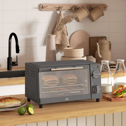 HOMCOM Mini Oven, 9L Countertop Electric Grill, Toaster Oven with Adjustable Temperature, Timer, Dishwasher Safe Baking Tray and Wire Rack, 750W, Grey