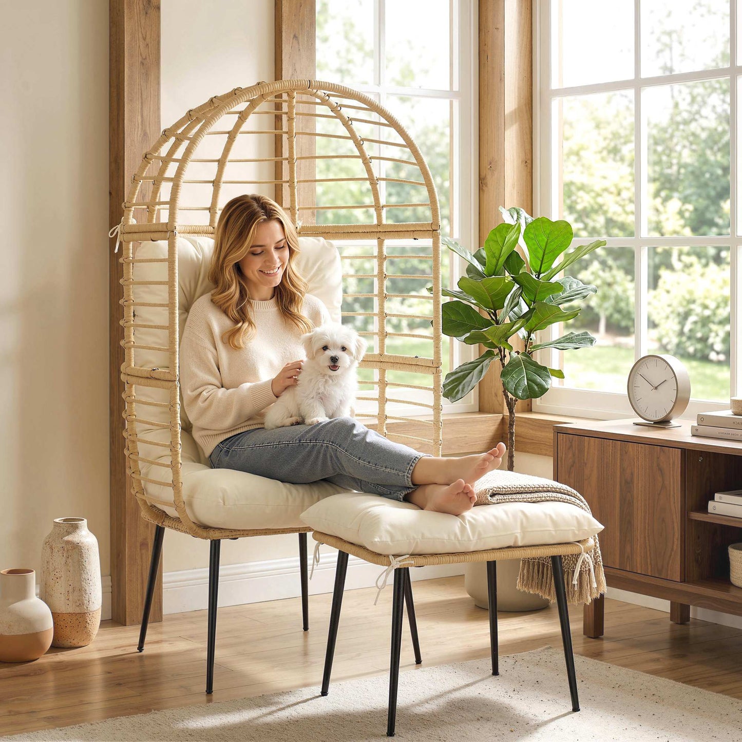 Outsunny Garden Egg Chair with Footstool, Rattan Indoor Outdoor Lounge Chair and Ottoman Set with Thick Cushions, Beige