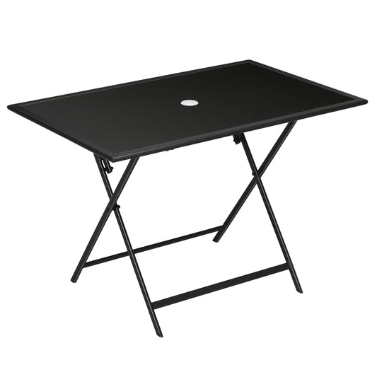 Outsunny Folding Outdoor Dining Table for 6, Rectangle Garden Table Tempered Glass Top with Parasol Hole for Patio, Balcony, Terrace, 110 x 70 x 70 cm, Black