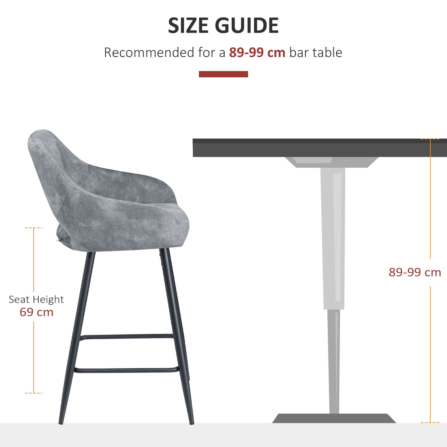 HOMCOM Bar Stools Set of 2, Velvet-Touch Fabric Counter Height Bar Chairs, Kitchen Stools with Steel Legs for Dining Area, Kitchen Island Barstools, Grey