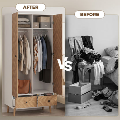 HOMCOM Cabinet Wood-Effect Sticker Surface, Modern Wardrobe with 2 Hanging Rods, 2 Storage Shelves and 2 Drawers, White