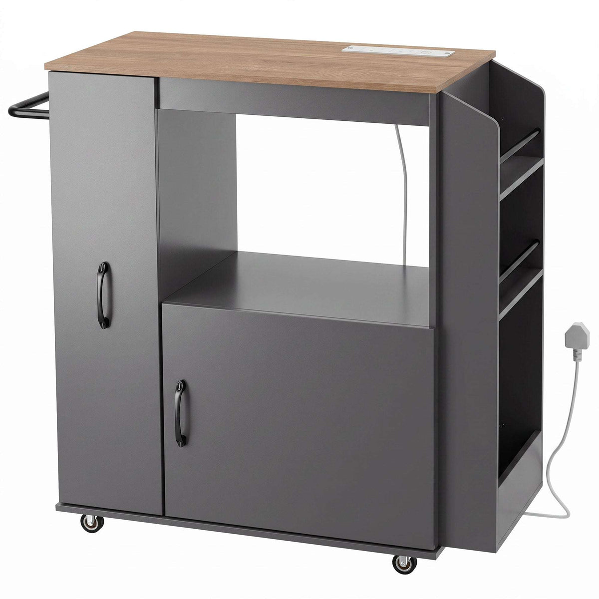 HOMCOM Kitchen Trolley on Wheels, Rolling Kitchen Island Cart with Power Outlet, Cabinet, Pull-Out Drawer, Grey