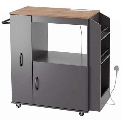 HOMCOM Kitchen Trolley on Wheels, Rolling Kitchen Island Cart with Power Outlet, Cabinet, Pull-Out Drawer, Grey