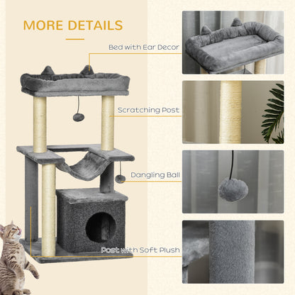 PawHut Cat Tree, 90cm Cat Tower with Sisal Scratching Posts, Cat Condo, Hammock, Top Perch and 2 Hanging Toys for Cats, Grey