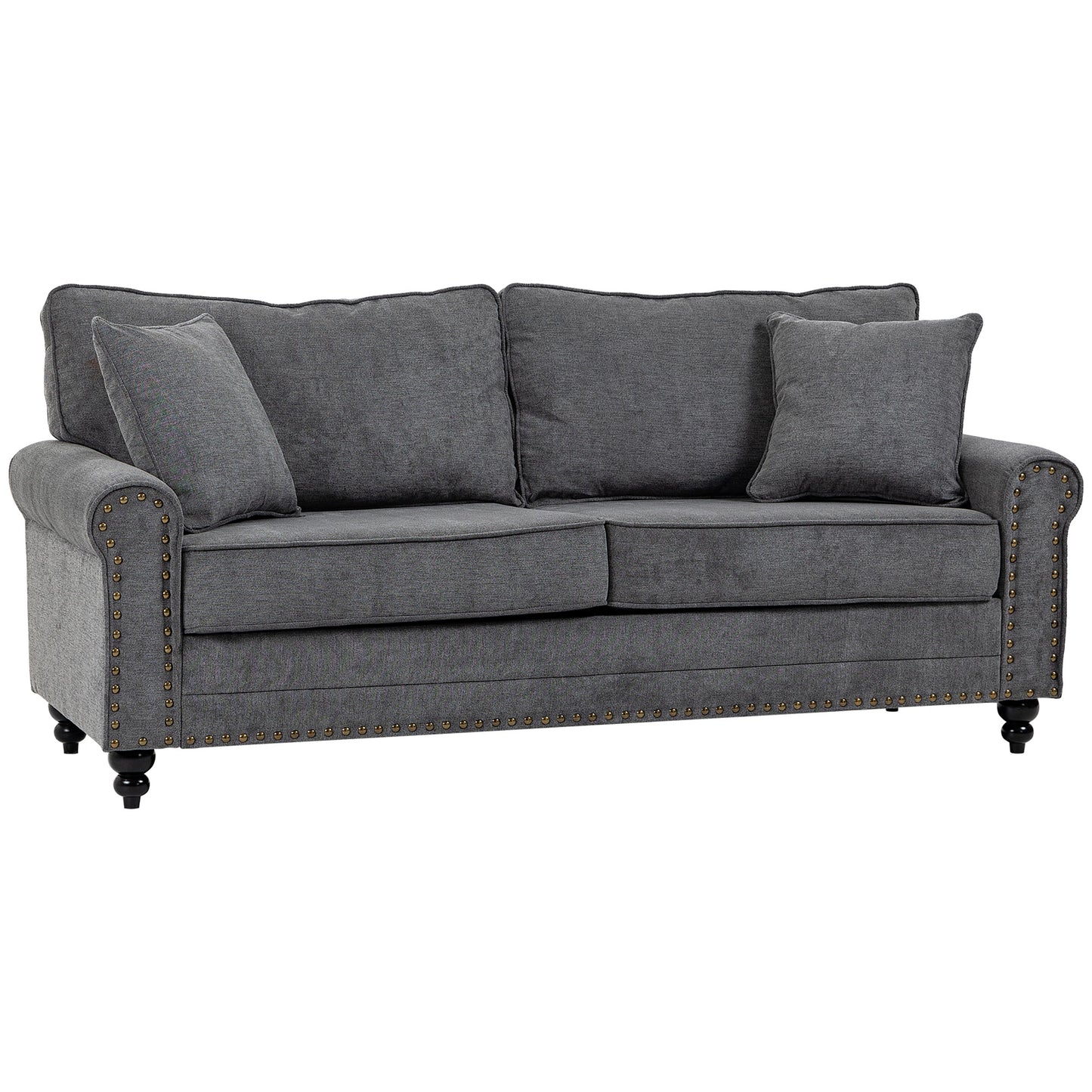 HOMCOM 196cm 3 Seater Sofa, Fabric Sofa with Rubber Wood Legs, Nailhead Trim, 2 Pillows, Small Upholstered Couch Settee for Living Room, Guest Room, Grey--ChewyGames-ChewyGames