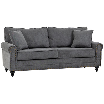 HOMCOM 196cm 3 Seater Sofa, Fabric Sofa with Rubber Wood Legs, Nailhead Trim, 2 Pillows, Small Upholstered Couch Settee for Living Room, Guest Room, Grey--ChewyGames-ChewyGames