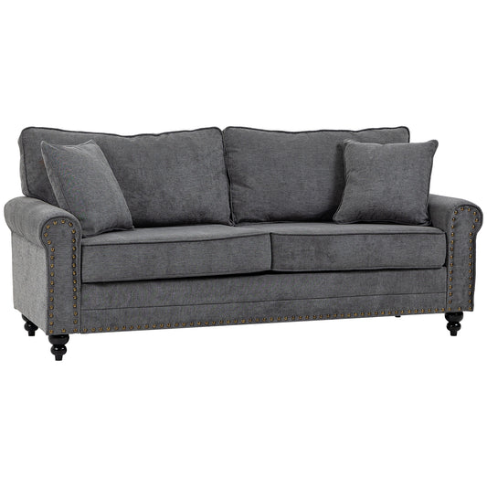 HOMCOM 196cm 3 Seater Sofa, Fabric Sofa with Rubber Wood Legs, Nailhead Trim, 2 Pillows, Small Upholstered Couch Settee for Living Room, Guest Room, Grey--ChewyGames-ChewyGames