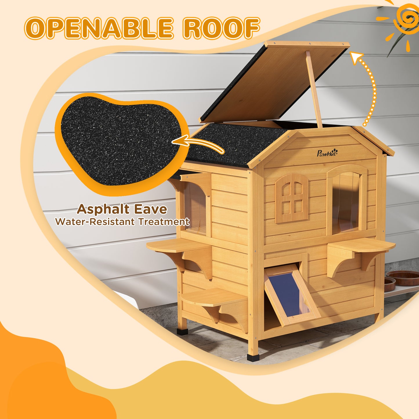 PawHut 2-story Cat House Outdoor, Weatherproof Wooden Cat Enclosure with Openable Roof, Jumping Platforms, Natural Wood Finish