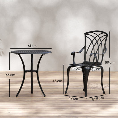 Outsunny 3 Pieces Garden Dining Set for 2, Cast Aluminium Outdoor Dining Set with 2 Armchairs and Round Dining Table with Parasol Hole, Garden Furniture Bistro Set, Brown