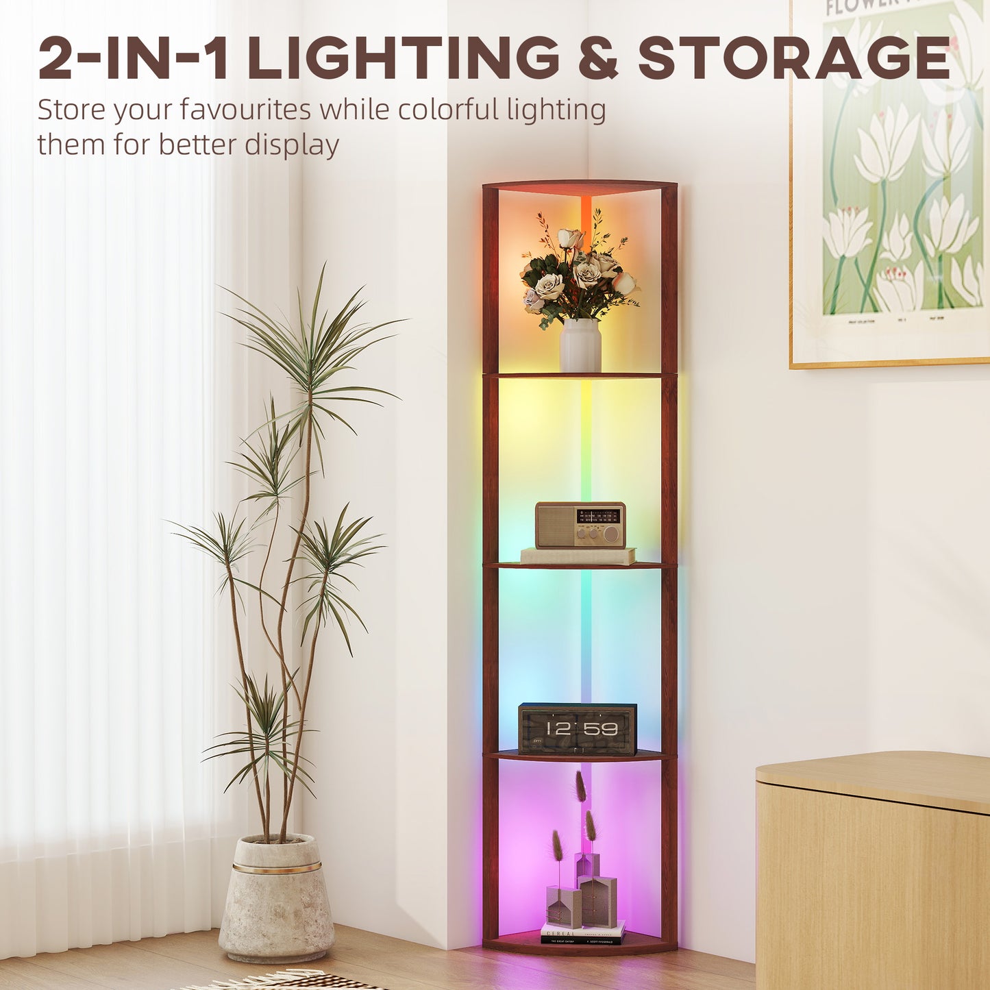 HOMCOM RGB Standing Lamp with Shelves, 4-Tier LED Floor Lamp with Multiple Lighting Modes, Brown