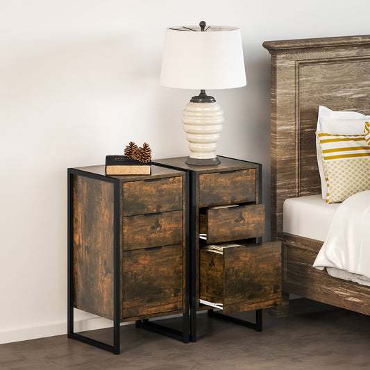 HOMCOM Bedroom Chest of Drawers Set of 2, Industrial 3-Drawer Dresser, Storage Drawers Unit with Metal Frame for Living Room, Rustic Brown